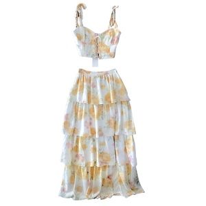 Wayf Two Piece Floral Maxi Dress Set Beige Yellow SMALL